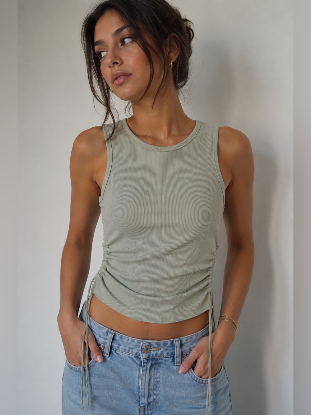 Princess Polly Sage Green Ribbed Tank Top Size 2